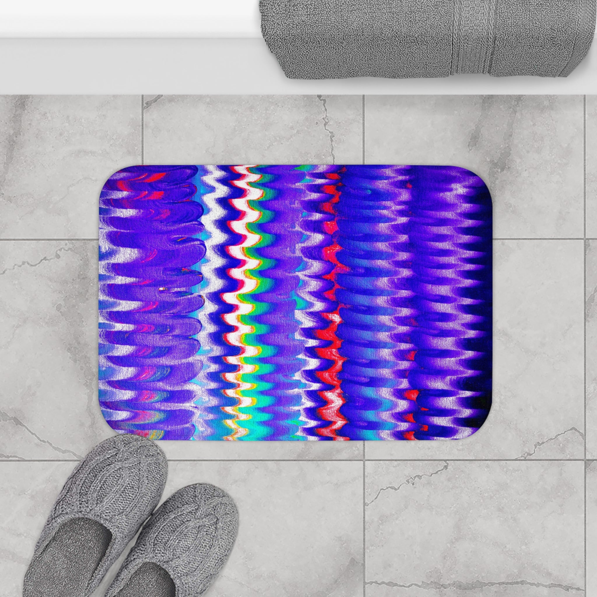 Vibrant Wave Pattern Bath Mat — Purple Rainbow Abstract Bathroom Rug