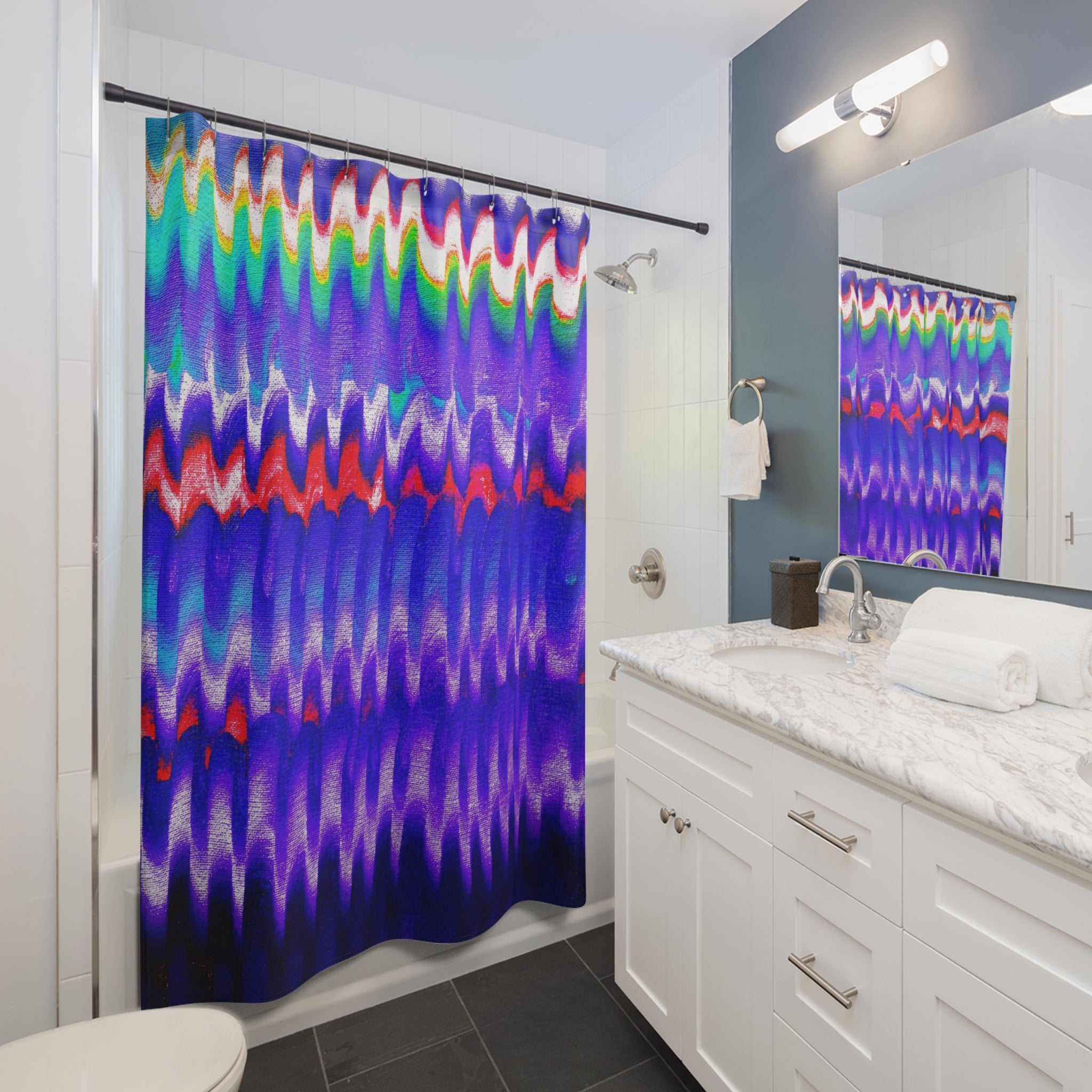 Abstract Ripple Shower Curtain — Vibrant Blue Wave Pattern