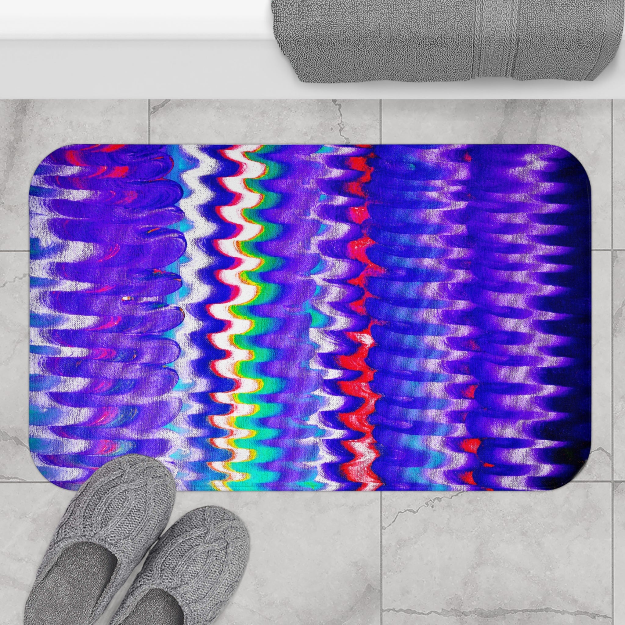 Vibrant Wave Pattern Bath Mat — Purple Rainbow Abstract Bathroom Rug