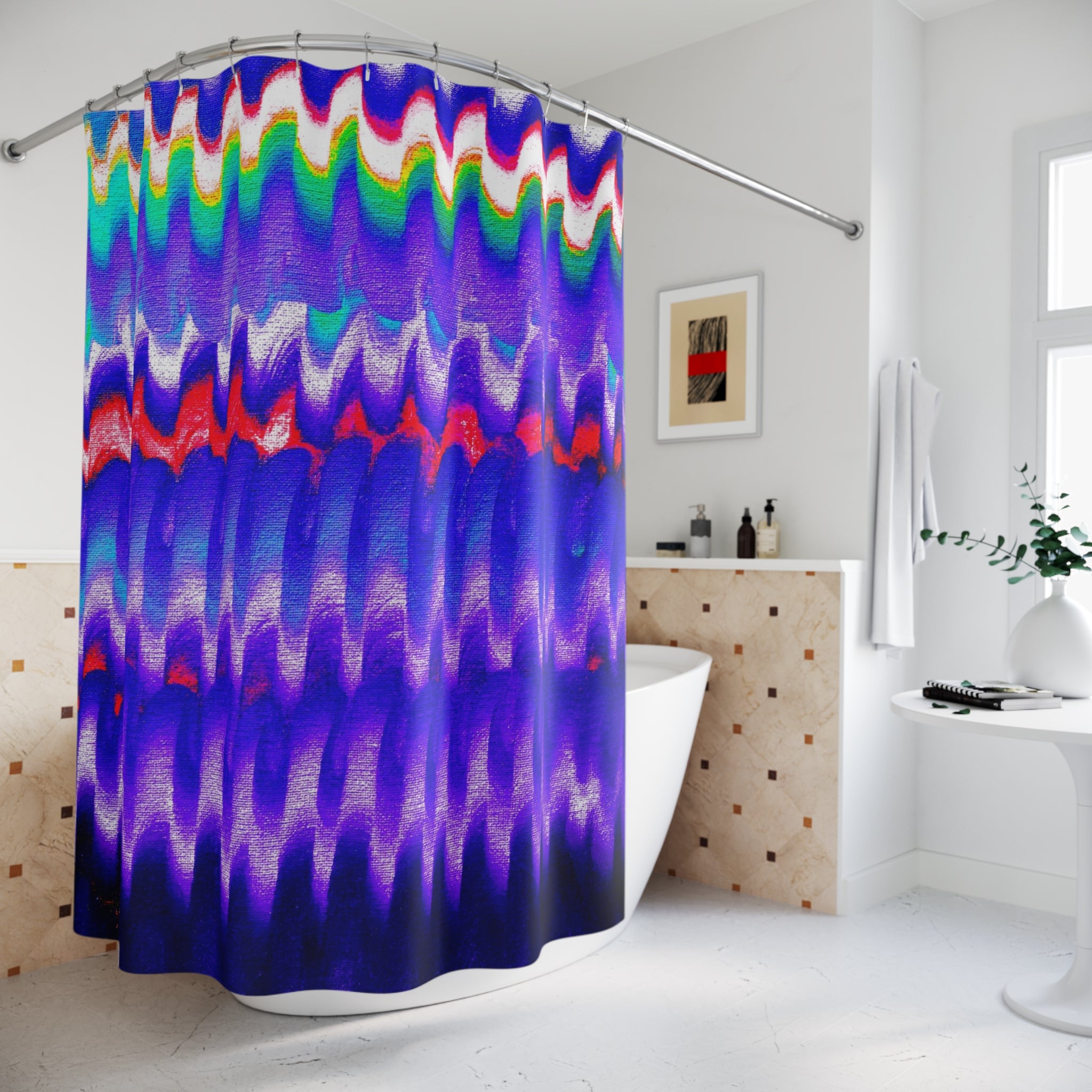 Abstract Ripple Shower Curtain — Vibrant Blue Wave Pattern