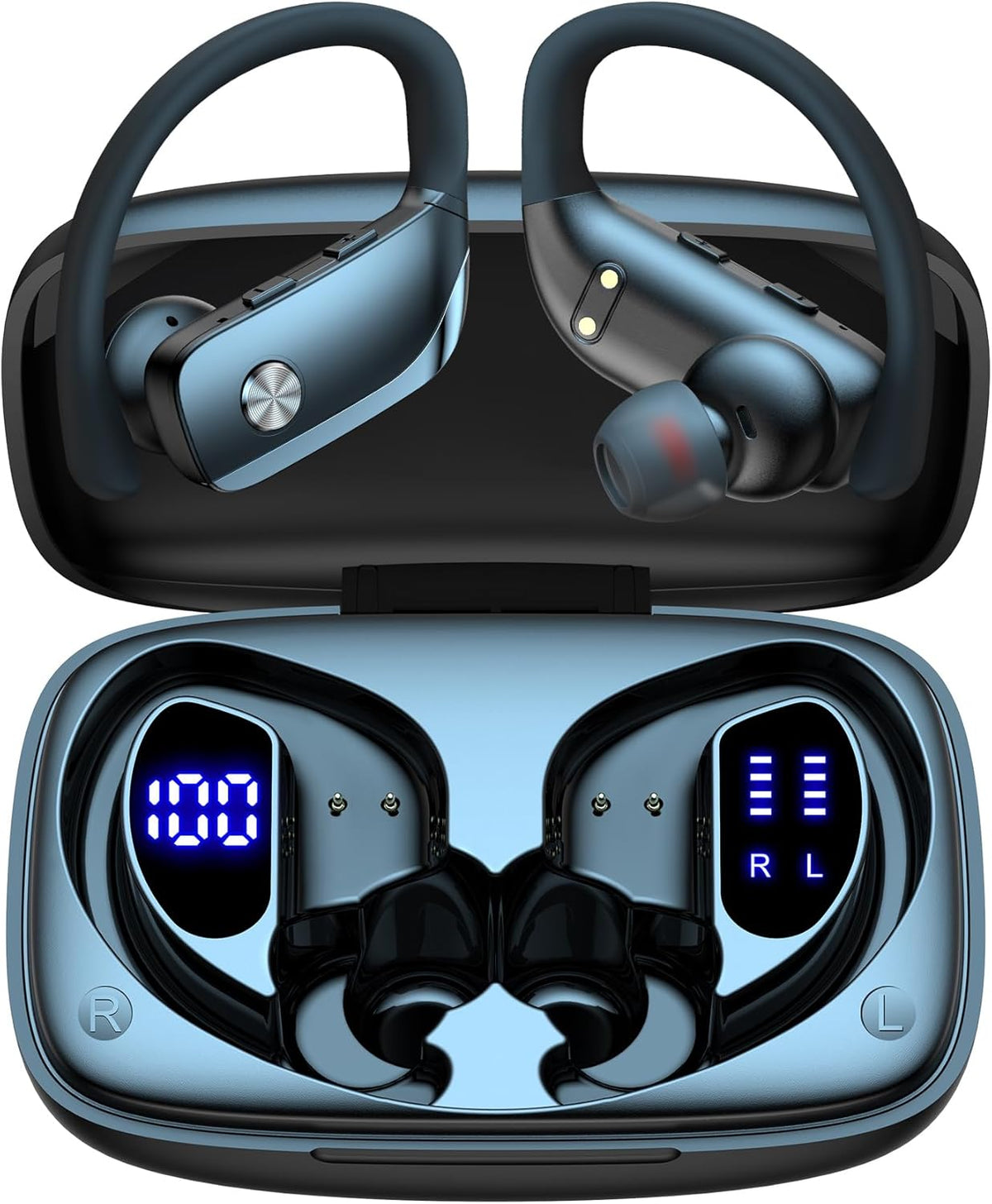 Ear Buds Wireless Earbuds Bluetooth Headphones with 80H Playtime LED Display Case, Over-Ear Hook with Mic, Stereo Sound, Easy Button Controls, Sports Earphones for Running Workout Gym Black