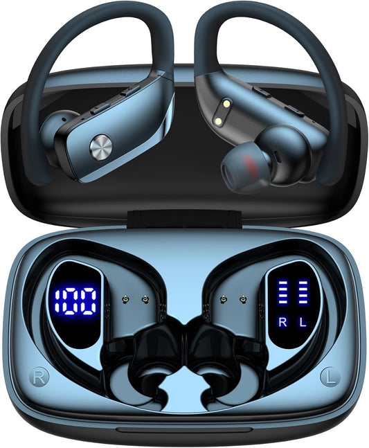 Ear Buds Wireless Earbuds Bluetooth Headphones with 80H Playtime LED Display Case, Over-Ear Hook with Mic, Stereo Sound, Easy Button Controls, Sports Earphones for Running Workout Gym Black