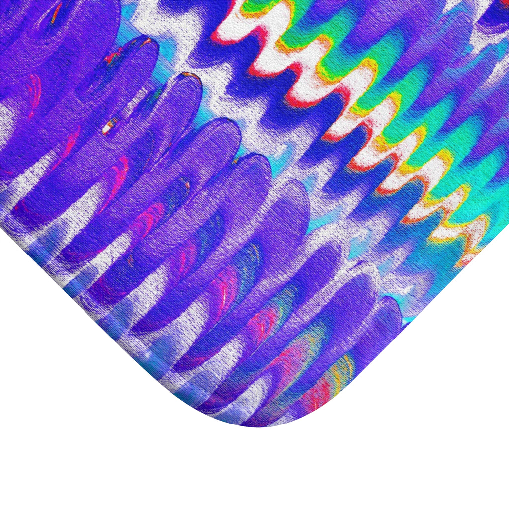 Vibrant Wave Pattern Bath Mat — Purple Rainbow Abstract Bathroom Rug